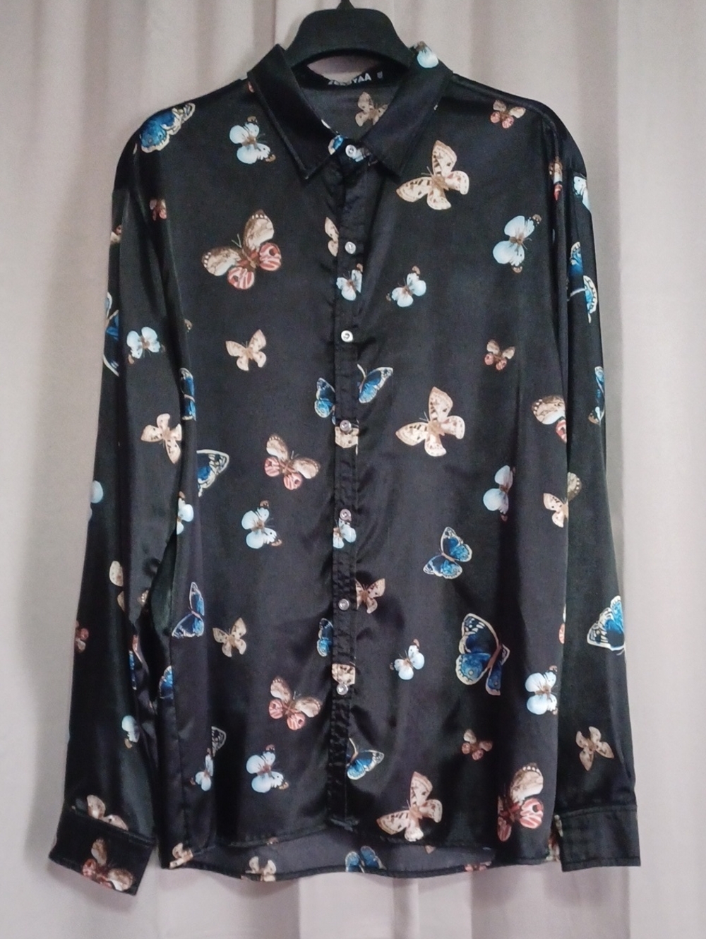 Zeroyaa Men's Black Satin Butterfly Long Sleeve Button Front Shirt Plus Size XXL